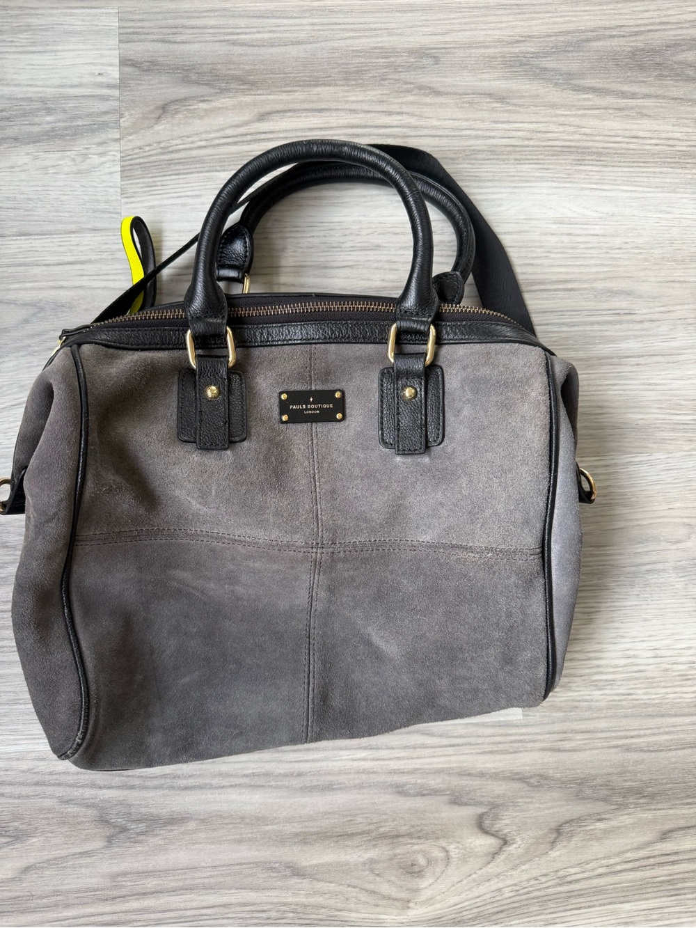 Gray Suede Satchel with Black Leather Handles and Trim